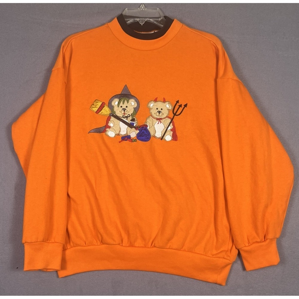Vintage 90s Basic Editions Halloween Trick or Treat Bear Sweatshirt Womens M